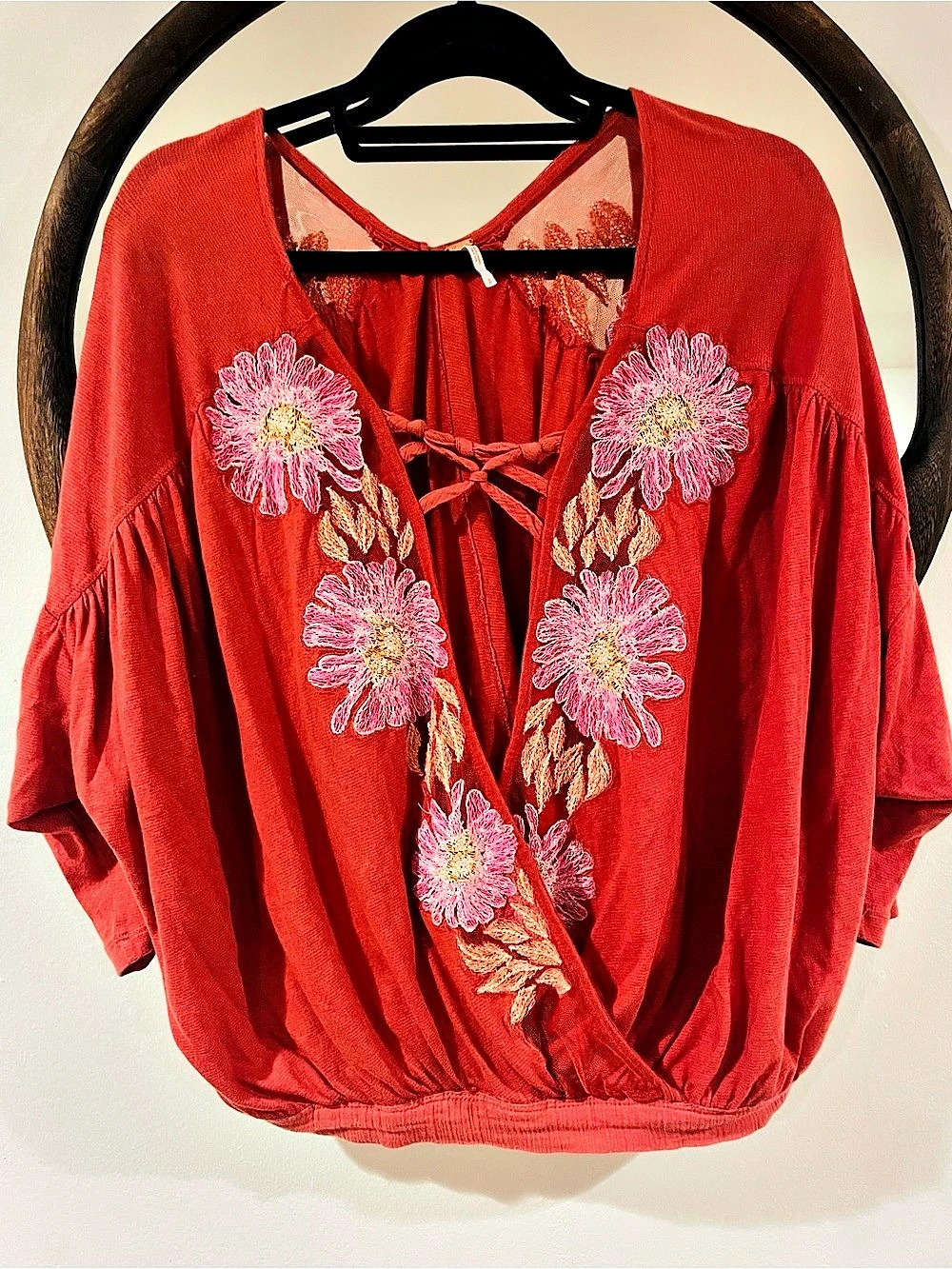 Free People Daisy Daze Blouse Floral Embroidered Red & Pink Small